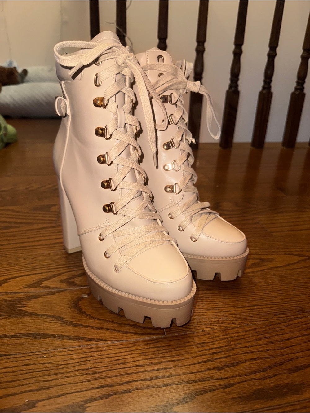 Women's Lace-Up High Block Heel Boots in Light Beige (Willow Combat Boots)